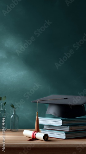 Graduation Cap and Diploma on a Wooden Table With Stacked Books and Vases
