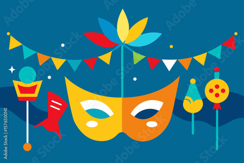 Colorful Carnival Banner Background with Masks and Streamers