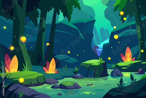 Magical Forest Scene with Colorful Floating Fireflies