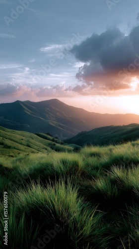 Majestic Mountains Under a Colorful Sunset in a Serene Landscape Near a Grass...