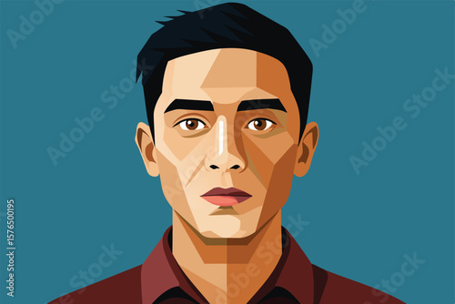 Vibrant geometric illustration of a serious man against a blue background. The artwork focuses on sharp lines and bold colors, conveying modernity and intensity.