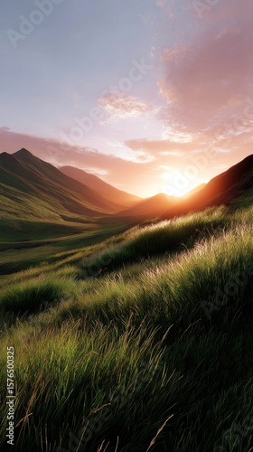 Majestic Mountains Under a Colorful Sunset in a Serene Landscape Near a Grass...