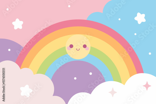 Cute Cartoon Background with Stars Clouds and a Rainbow
