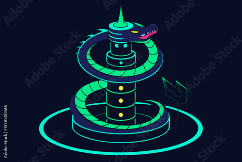 Neon Tower with a Curled Cyberpunk Circuit Dragon