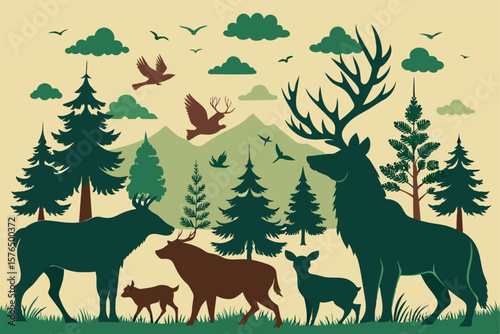 Illustration of forest wildlife, featuring silhouetted deer and birds against a mountainous backdrop. Captures the serene beauty of nature and wilderness in a unique artistic style.