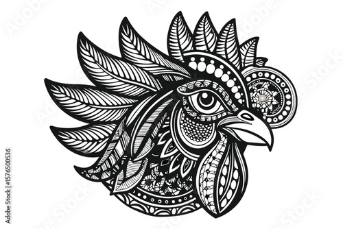 Detailed black and white illustration of a rooster in henna style. The design features intricate patterns and elaborate details, showcasing artistic expression and creativity.