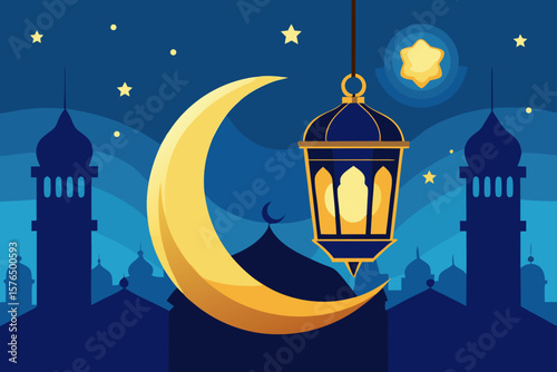 Hanging Eid Lantern Over a Mosque Silhouette at Sunset