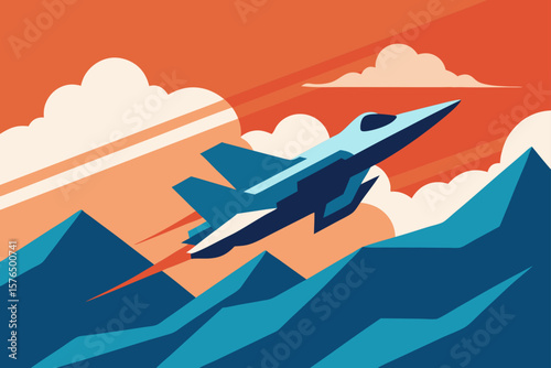 Fighter Jet with Motion Blur Soaring Above Mountains