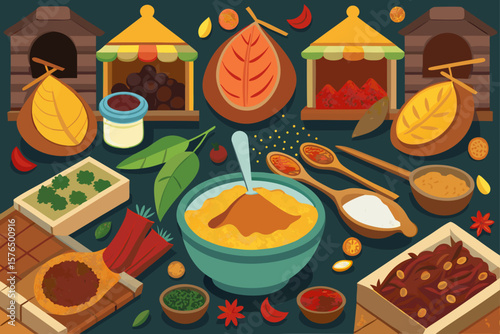 Top View of a Flat Indian Spice Market with Bags and Scoops