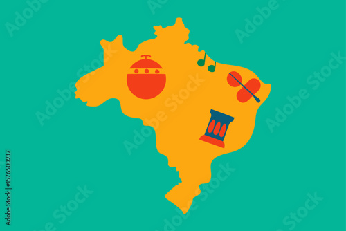 Flat Map of Brazil Filled with Cultural Icons