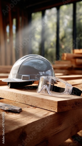 Construction Safety Gear on Wooden Workbench in Bright Workspace During Dayli...
