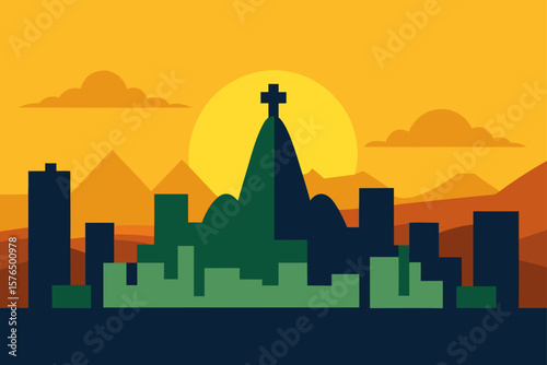 Flat Rio de Janeiro City Skyline with Sugarloaf Mountain