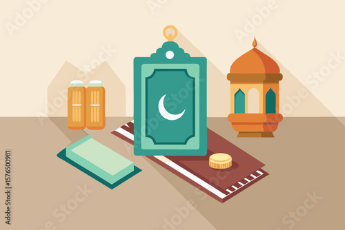 Top View of a Flat Prayer Mat Quran and Lantern
