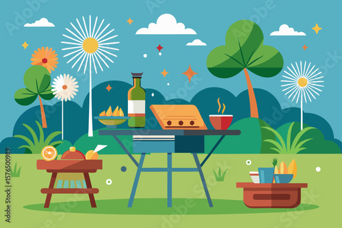 Flat Design Summer BBQ Scene with a Grill and Picnic Table