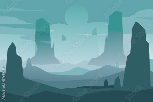 Ancient Monoliths Visible in a Fog Filled Valley