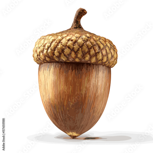 Detailed acorn with textured cap on white background  