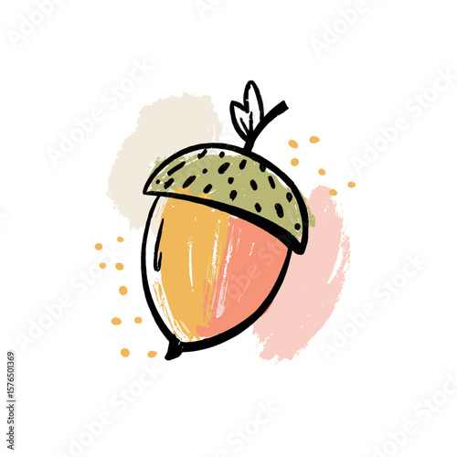 Colorful hand-drawn acorn illustration with leaf and abstract background  