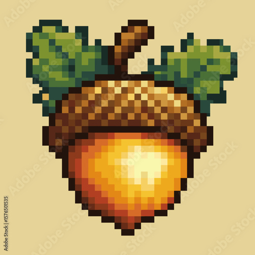 Pixel art acorn with green leaves on light beige background  