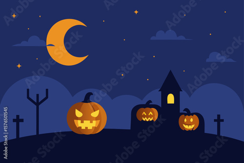 Pumpkins and a Glowing Sky in a Halloween Night Scene