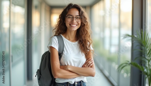 Confident young woman smiling in a bright hallway