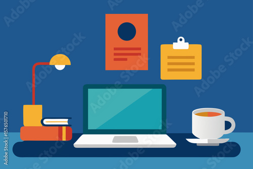 Home Office Workspace with a Laptop Notes and Coffee