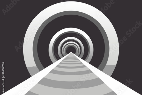 Perspective View of an Infinite Hallway of Glowing White Rings