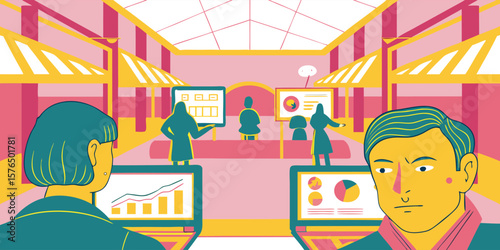Data Analysis & Information Exchange: Illustration of individuals and monitors, exchanging information.