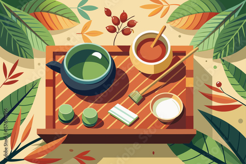 Japanese Tea Ceremony Scene with a Cup Leaf and Tray