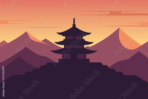 Japanese Temple Silhouette Against a Gradient Sunset