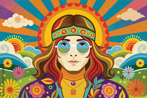 Vibrant psychedelic artwork featuring a hippie surrounded by colorful flowers, rainbows, and whimsical elements, embodying peace, happiness, and retro vibes with a focus on freedom and creativity.