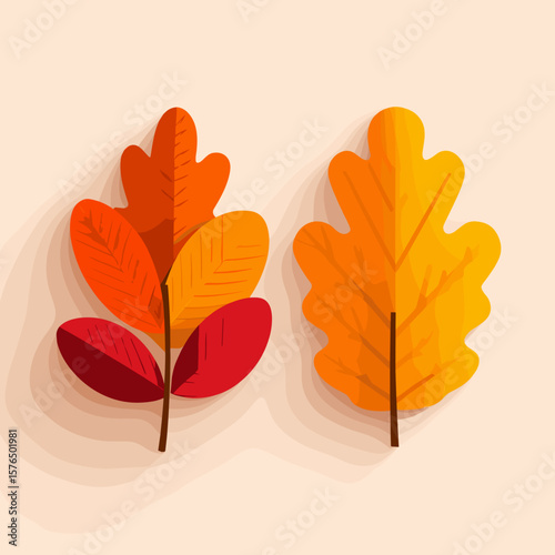 Colorful autumn leaves in flat design with shadows on beige background  