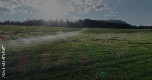 Dawn sunlight reaching center-pivot irrigation arm rotating clockwise, spraying mist to water crops