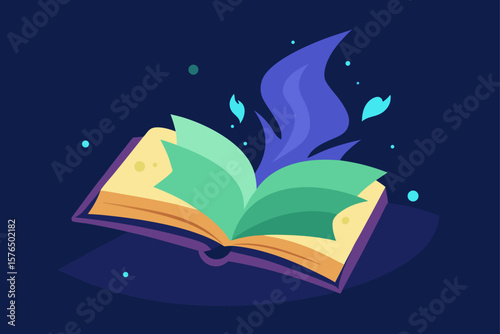 Fantasy Scene of a Magic Spell Book with Glowing Open Pages