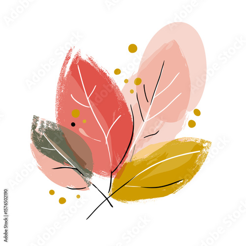 Abstract colorful leaves with soft shapes and brush strokes  