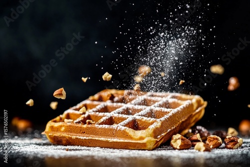 Delicious Waffle Topped With Nuts and Powdered Sugar at a Cozy Breakfast Setting