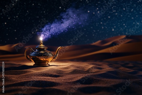 Magic Lamp Emits Colorful Smoke Against a Starry Desert Night Background With...