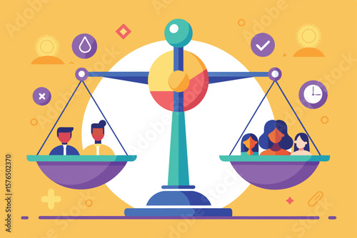 Colorful illustration depicting gender equality with men and women balanced on scales, symbolizing fairness and diversity in society.