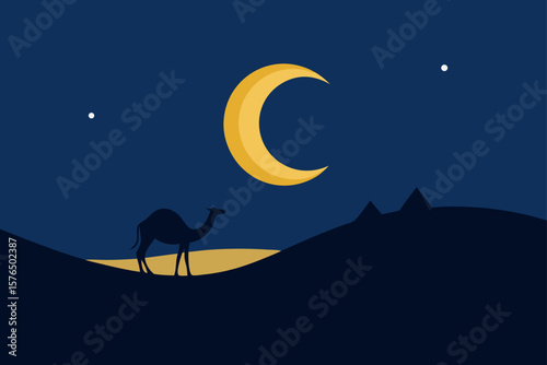 Minimal Desert Night Scene with a Crescent Moon and Camel