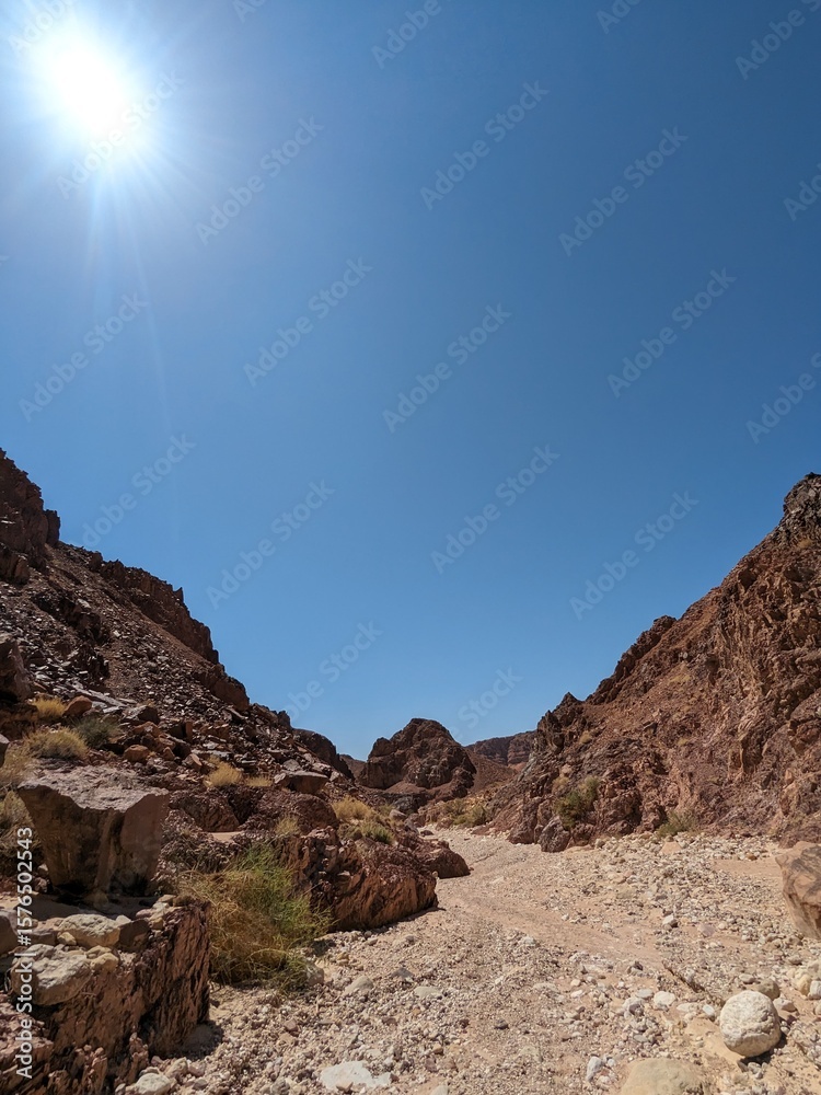 Fototapeta premium Jordan Trail long distance hiking from Dana Valley to Petra and Wadi Rum.Wadi Rum Desert, Jordan. The red desert and Jabal Al Qattar mountains,Arabia