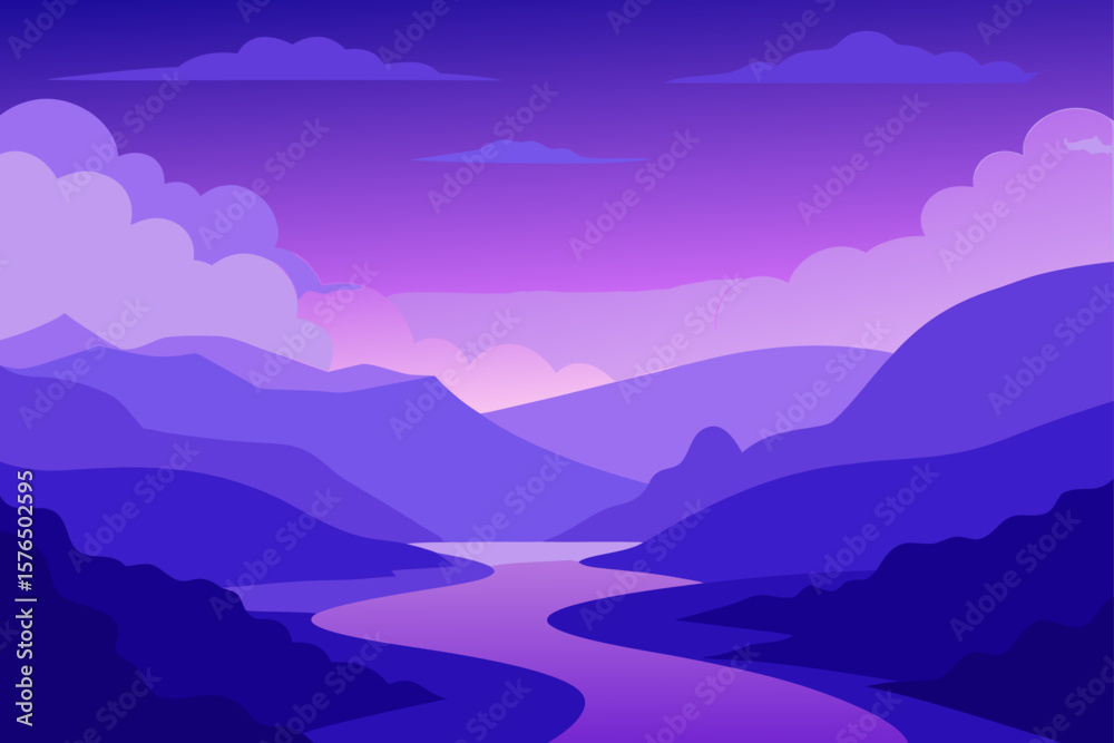 Misty River Valley at Dawn with Purple Clouds Misty River Valley at Dawn with Purple Clouds