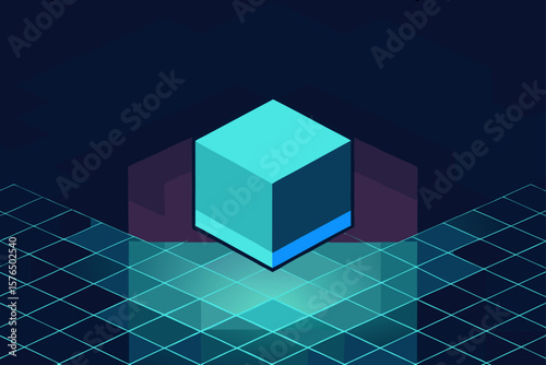 Minimalist Glowing Cube Levitating Over an Infinite Grid