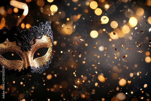 Celebratory Black Mask Resting on Sparkling Golden Surface With Glowing Bokeh...