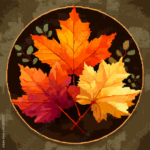 Autumn maple leaves in warm colors arranged in circular design  