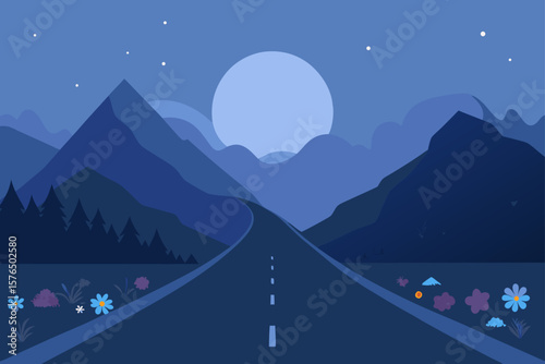 Misty Mountain Road with Fog Rolling in at Moonlight