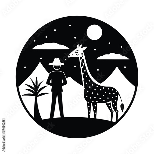 Giraffe and explorer in nature scene silhouette vector illustration