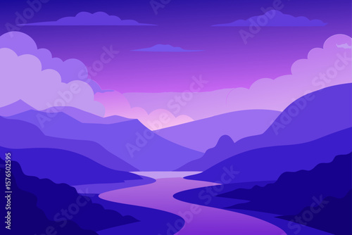 Misty River Valley at Dawn with Purple Clouds