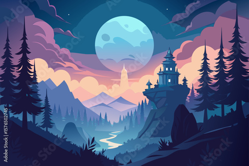 Glowing Moonrise Over a Forest and Temple Tops
