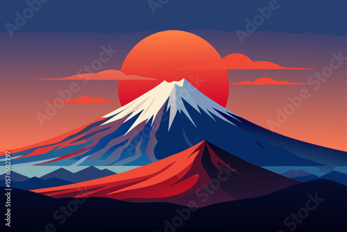 Mount Fuji with a Rising Red Sun in Brush Stroke Style