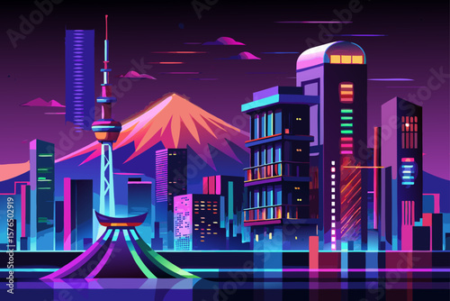 Neon Style Night Tokyo Skyline with a Glowing Cityscape