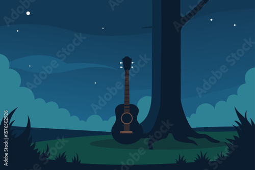 Old Guitar Resting Against a Tree in a Silent Forest